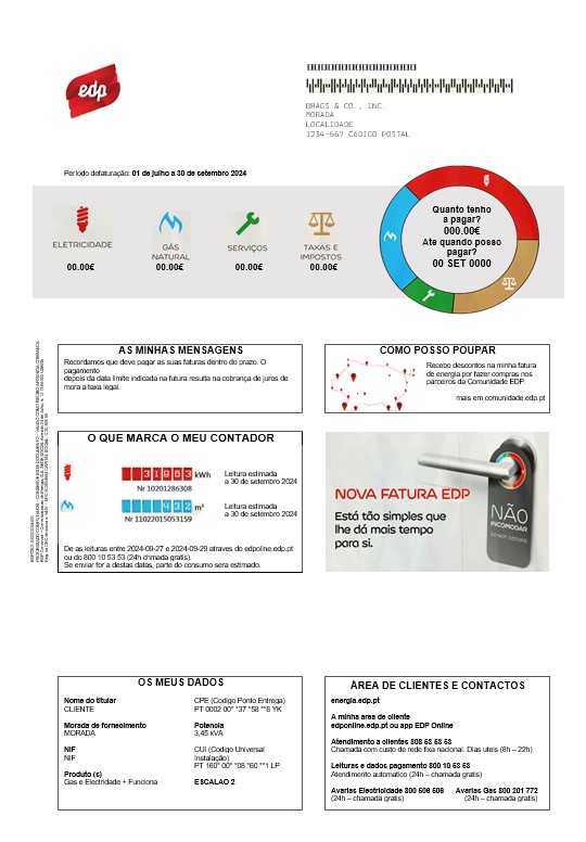 Portugal EDP business utility bill template in Word and PDF formats, good for address prove